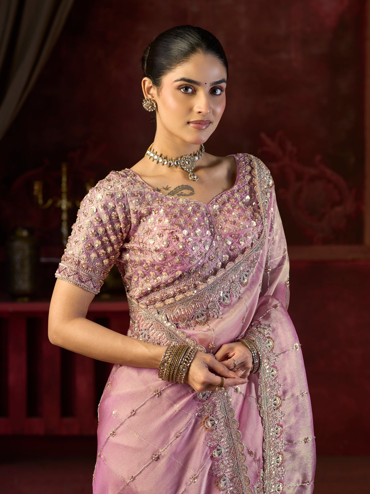 Gulabi Noor Bitswork Saree